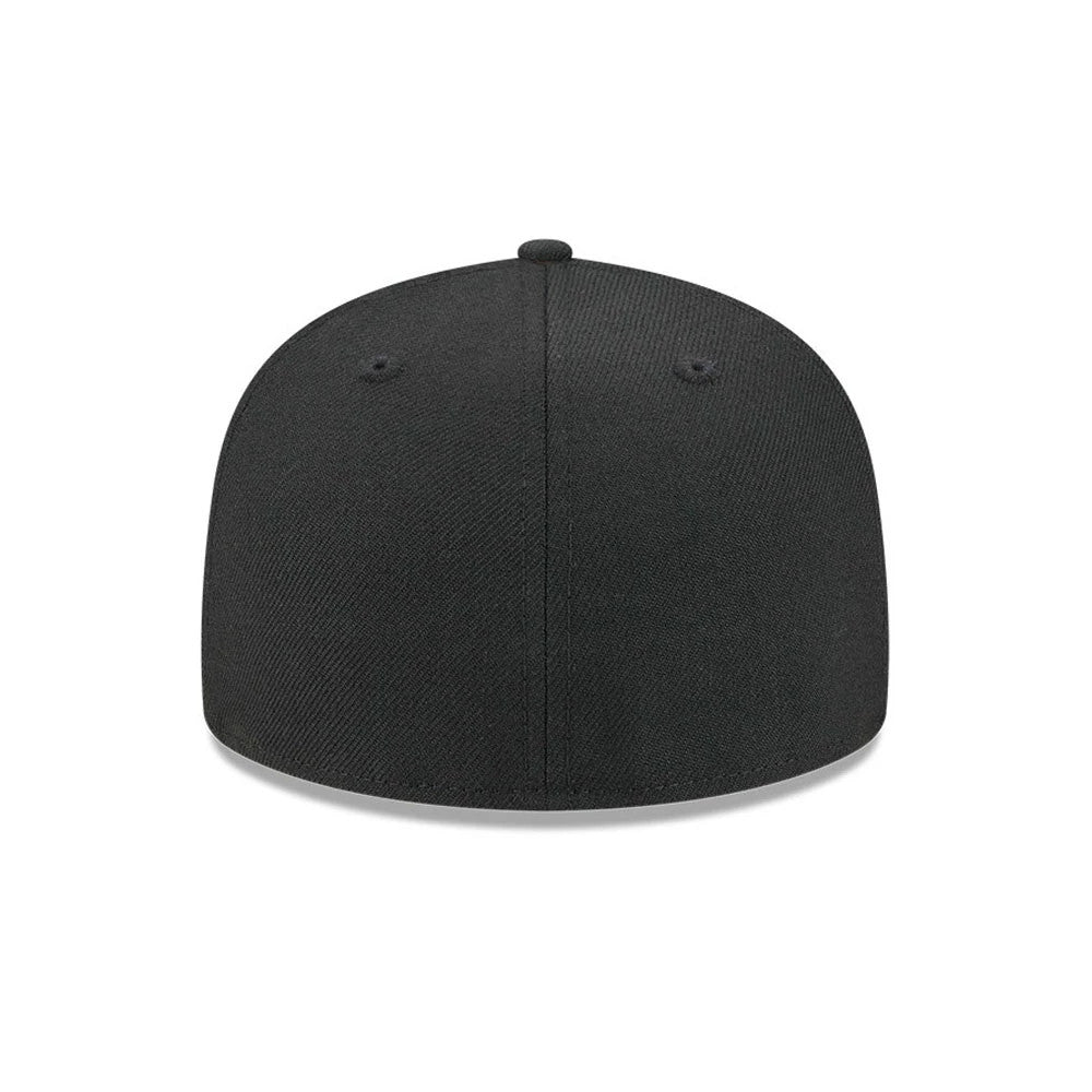 New York Mets MLB Soft Black New Era 59FIFTY Fitted Cap, rear view showing the black embroidered MLB Batterman logo centrally placed on the structured black crown, with matching black eyelets and a top button.