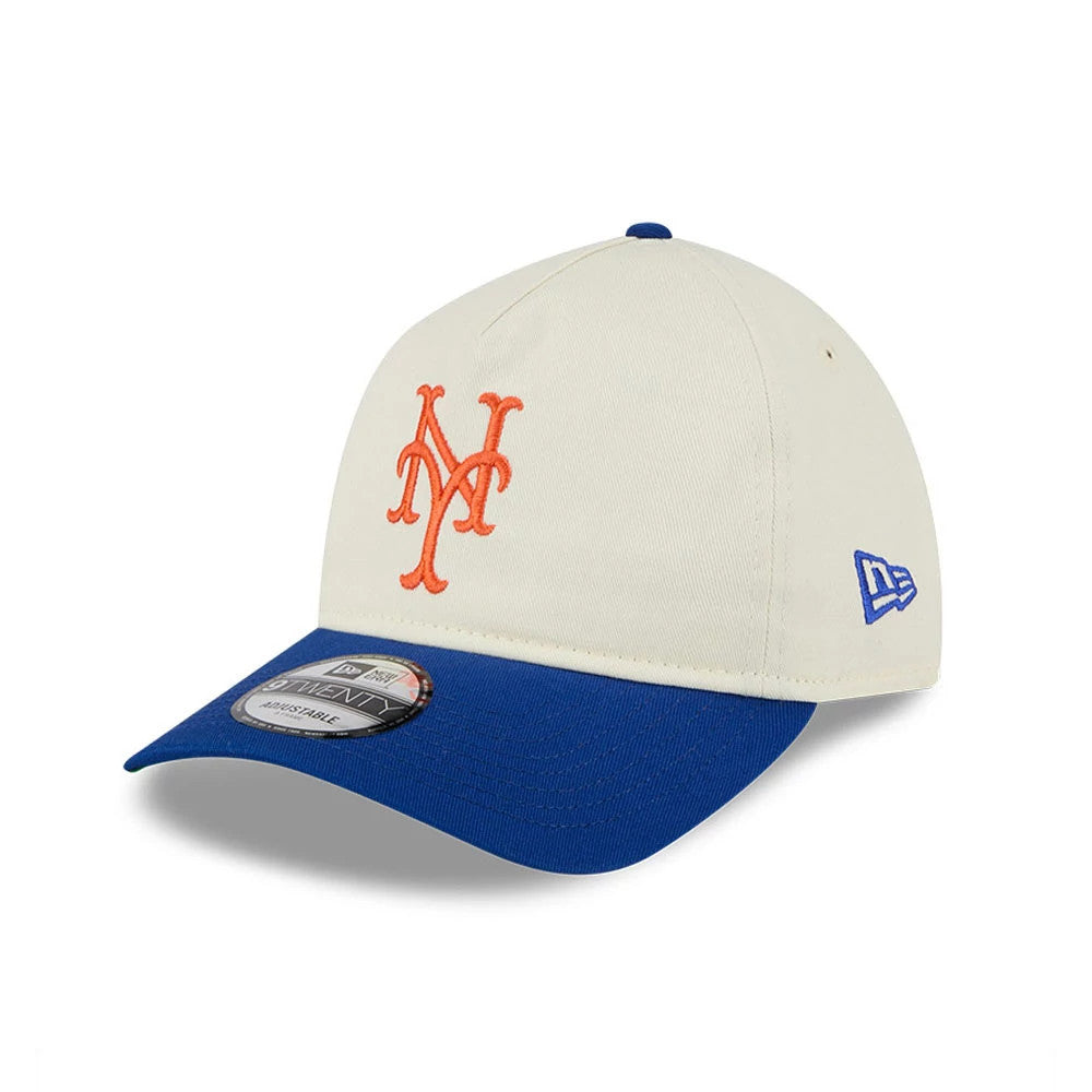 New York Mets MLB Chrome White New Era 9TWENTY A-Frame Adjustable Cap, three-quarter view showing the orange Mets logo in raised embroidery on the front panel, a royal blue visor, and the New Era flag logo embroidered on the left side.