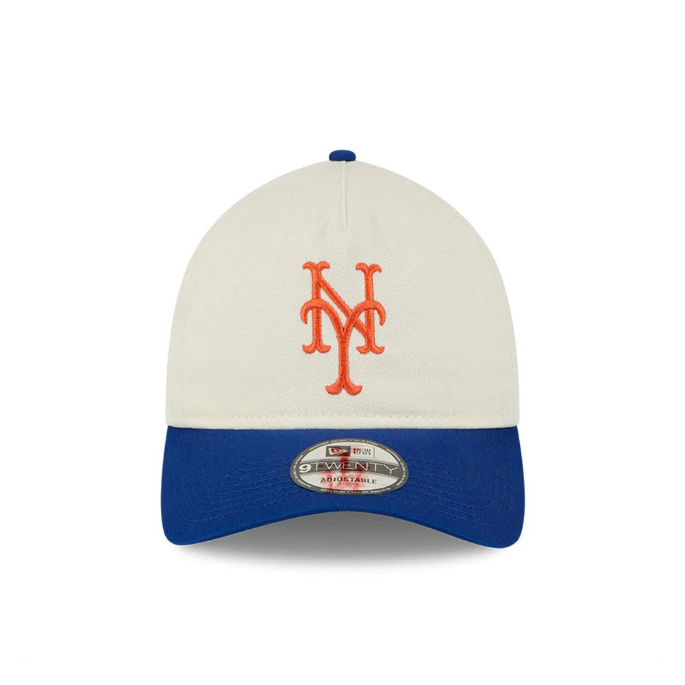 New York Mets MLB Chrome White New Era 9TWENTY A-Frame Adjustable Cap, front view with an orange NY logo embroidered on the white front panel, contrasted by a blue curved visor and a 9TWENTY size sticker on the visor.
