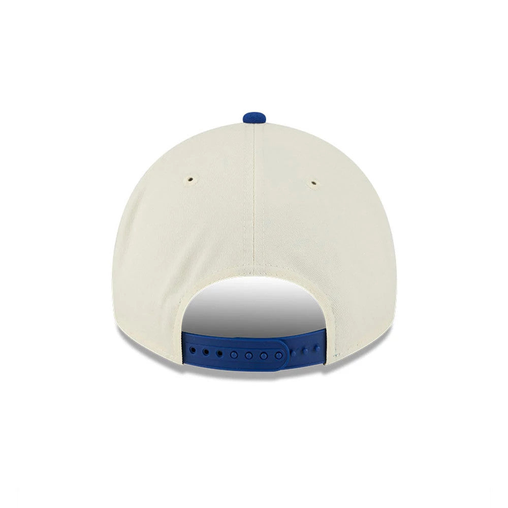 New York Mets MLB Chrome White New Era 9TWENTY A-Frame Adjustable Cap, rear view showing a blue top button and matching adjustable snapback closure against the white structured crown.