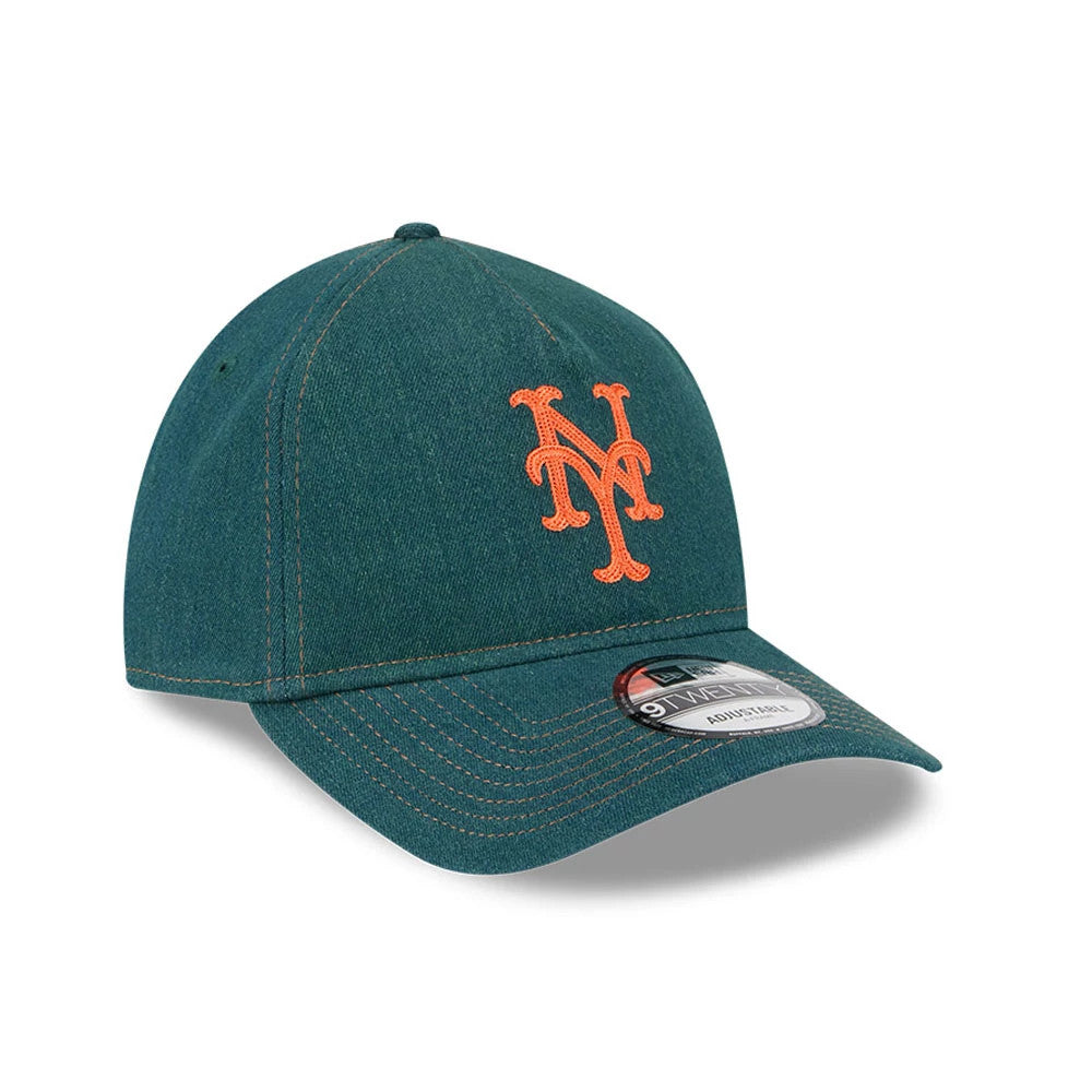 New York Mets MLB Forest Denim Green New Era 9TWENTY A-Frame Adjustable Cap, three-quarter view showing the orange embroidered NY logo on the front panel, with a curved denim visor and a 9TWENTY size sticker.