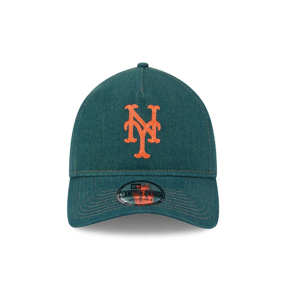 New York Mets MLB Forest Denim Green New Era 9TWENTY A-Frame Adjustable Cap, front view showing the orange embroidered Mets logo on the structured crown, curved visor, and a 9TWENTY size sticker on the centre.