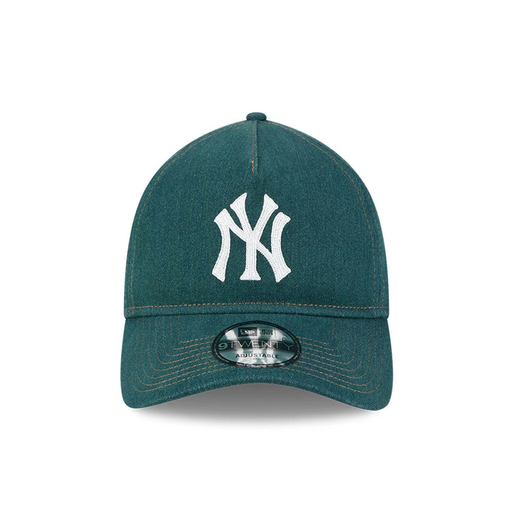 New York Yankees MLB Forest Denim Green New Era 9TWENTY A-Frame Adjustable Cap, front view showing the white raised embroidered NY logo on the structured forest green crown, and the 9TWENTY size sticker on the curved visor.