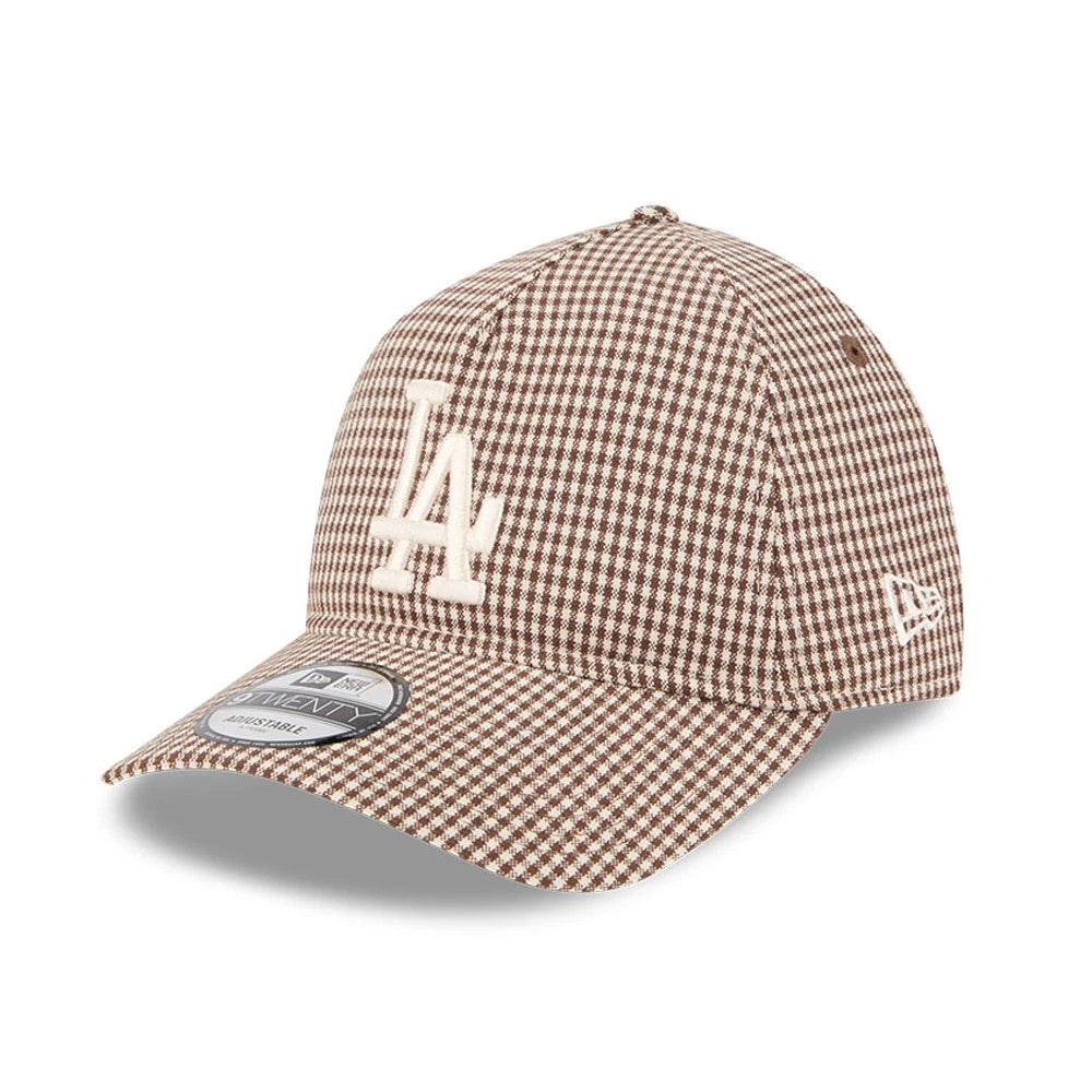 LA Dodgers MLB Check Open Brown New Era 9TWENTY A-Frame Adjustable Cap, front view showing the cream embroidered LA logo on the brown checkered front panels, with a bent visor and 9TWENTY size sticker.