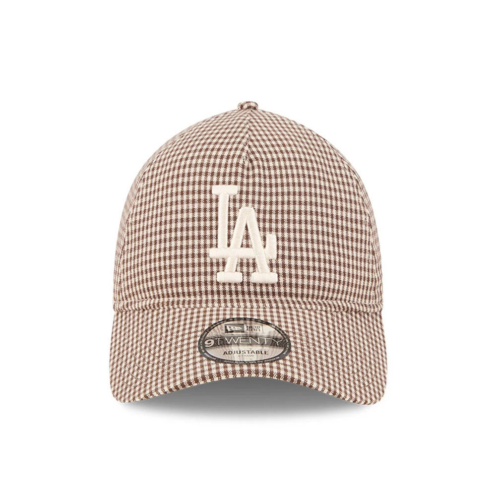 LA Dodgers MLB Check Open Brown New Era 9TWENTY A-Frame Adjustable Cap, front view with raised white LA logo embroidery on the crown, brown check pattern and 9TWENTY size sticker on the curved visor.