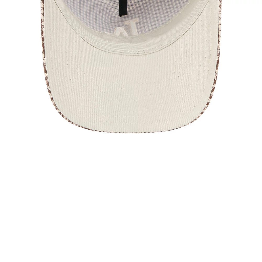 LA Dodgers MLB Check Open Brown New Era 9TWENTY A-Frame Adjustable Cap, inside view showing the light beige undervisor, check-patterned taping, and black inner strap against a light brown base.