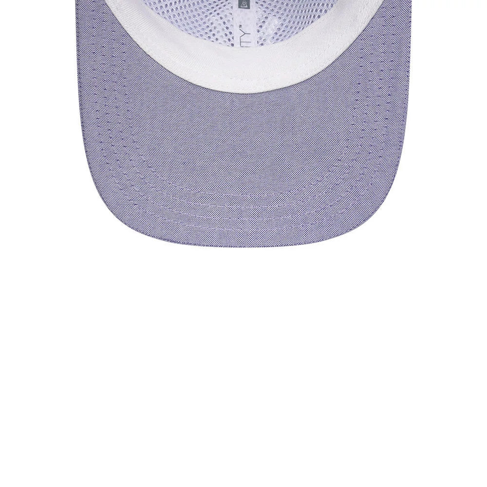 New York Yankees MLB Oxford Pastel Purple New Era 9TWENTY Long Visor Adjustable Cap, inside view showing the light purple undervisor, white sweatband, and New Era branded interior taping with eyelets on the structured crown.