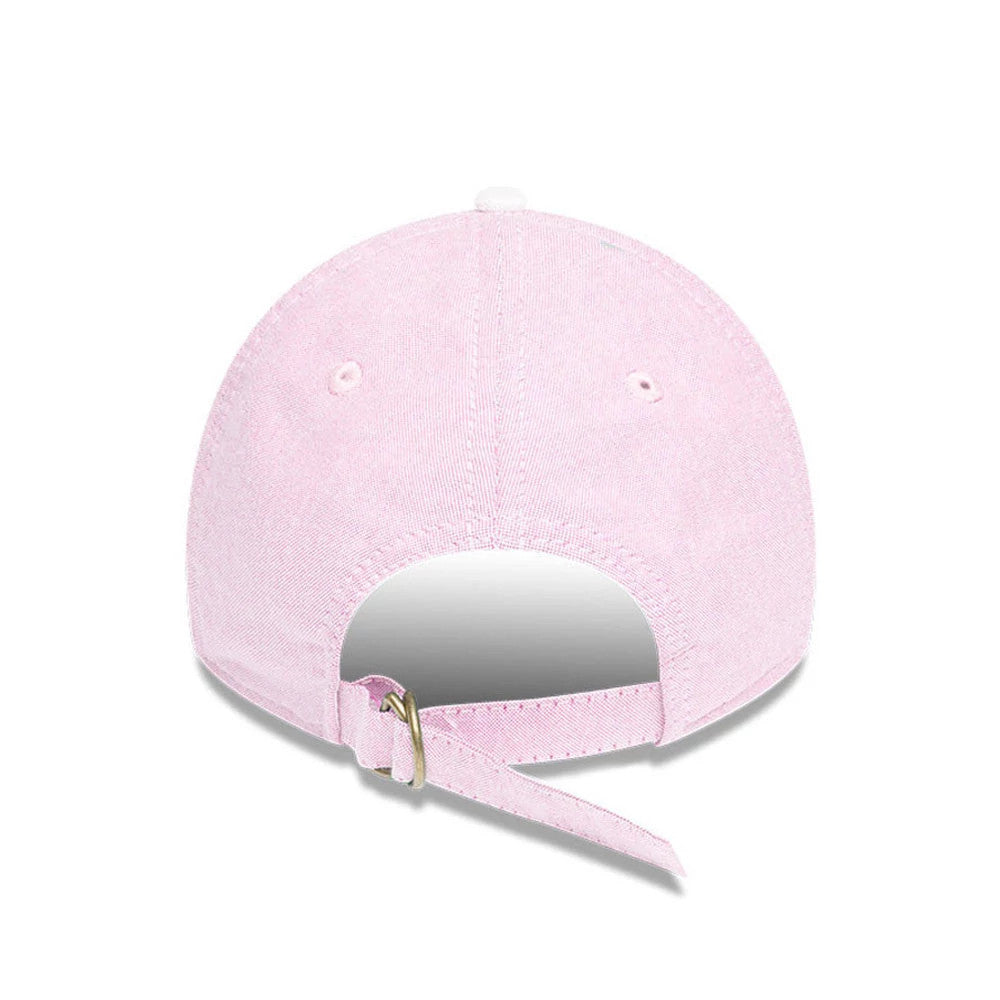 New York Yankees MLB Oxford Pastel Pink New Era 9TWENTY Long Visor Adjustable Cap, rear view showing the unstructured pastel pink crown with embroidered eyelets, and an adjustable strap with a buckle for a customised fit.