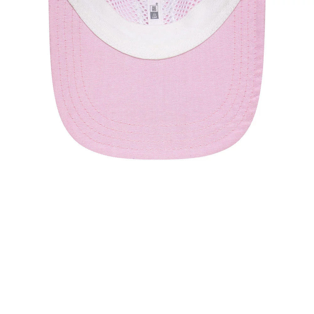 New York Yankees MLB Oxford Pastel Pink New Era 9TWENTY Long Visor Adjustable Cap, inside view showing the white undervisor and New Era taping with a pink mesh sweatband along the lining.