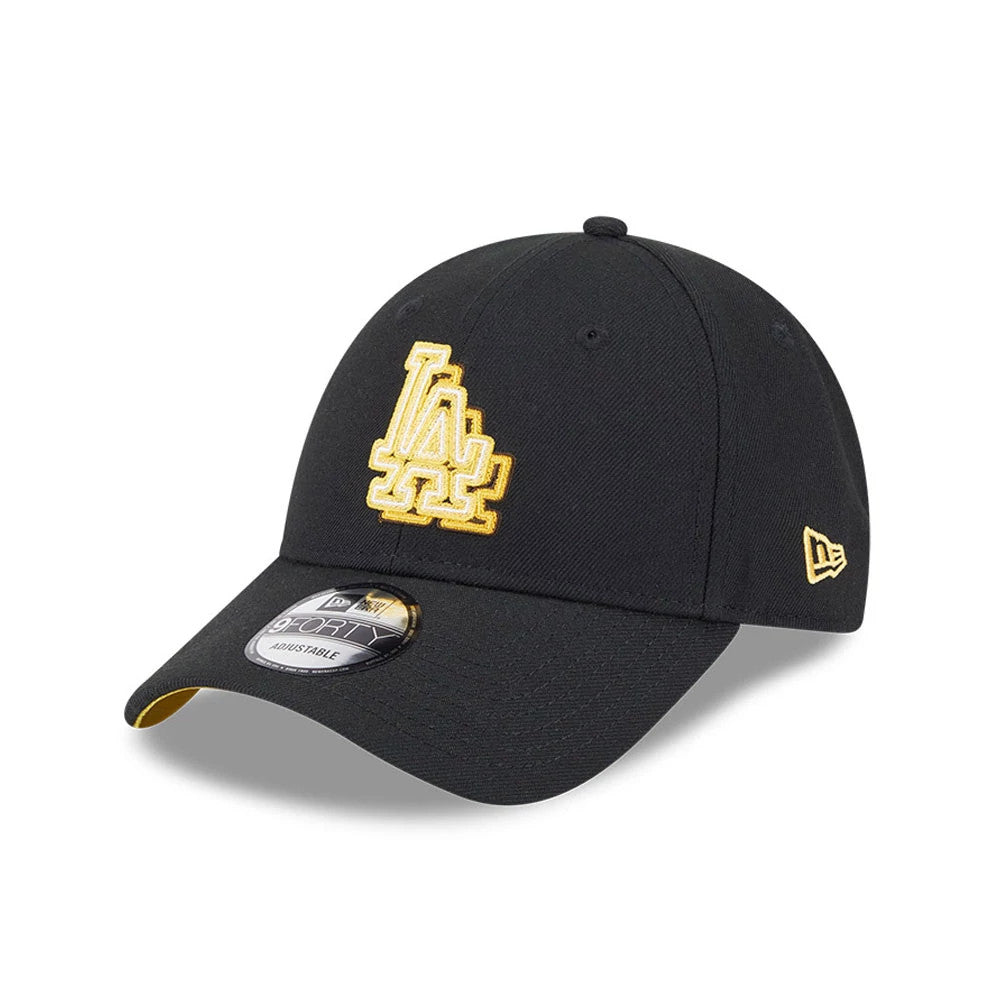 LA Dodgers MLB Neon Black New Era 9FORTY Adjustable Cap, three-quarter view showing the yellow raised embroidered LA logo on the front panel, a curved black visor with a 9FORTY size sticker, and New Era flag logo on the left side.