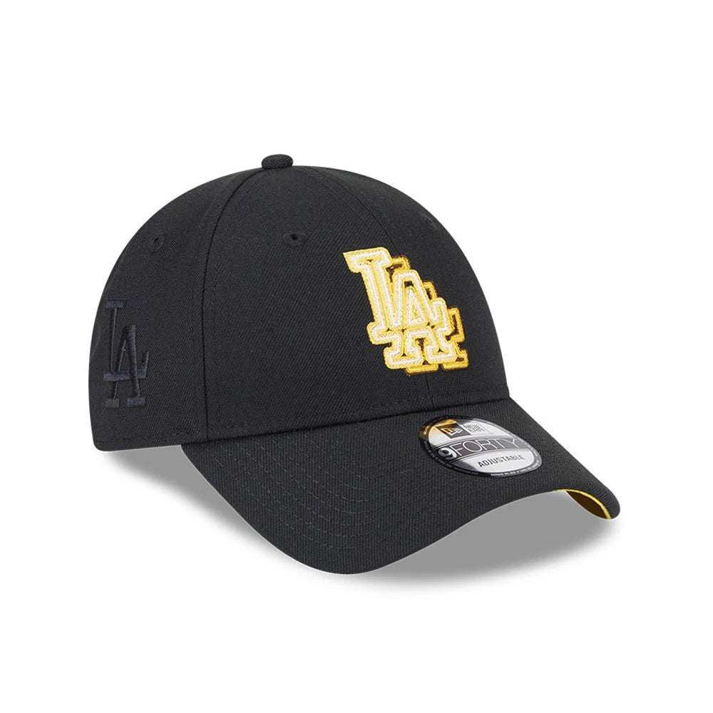 LA Dodgers MLB Neon Black New Era 9FORTY Adjustable Cap, three-quarter view showing the raised neon yellow LA logo on the front panel, black embroidered LA logo on the left side, and a 9FORTY size sticker on the black curved visor.