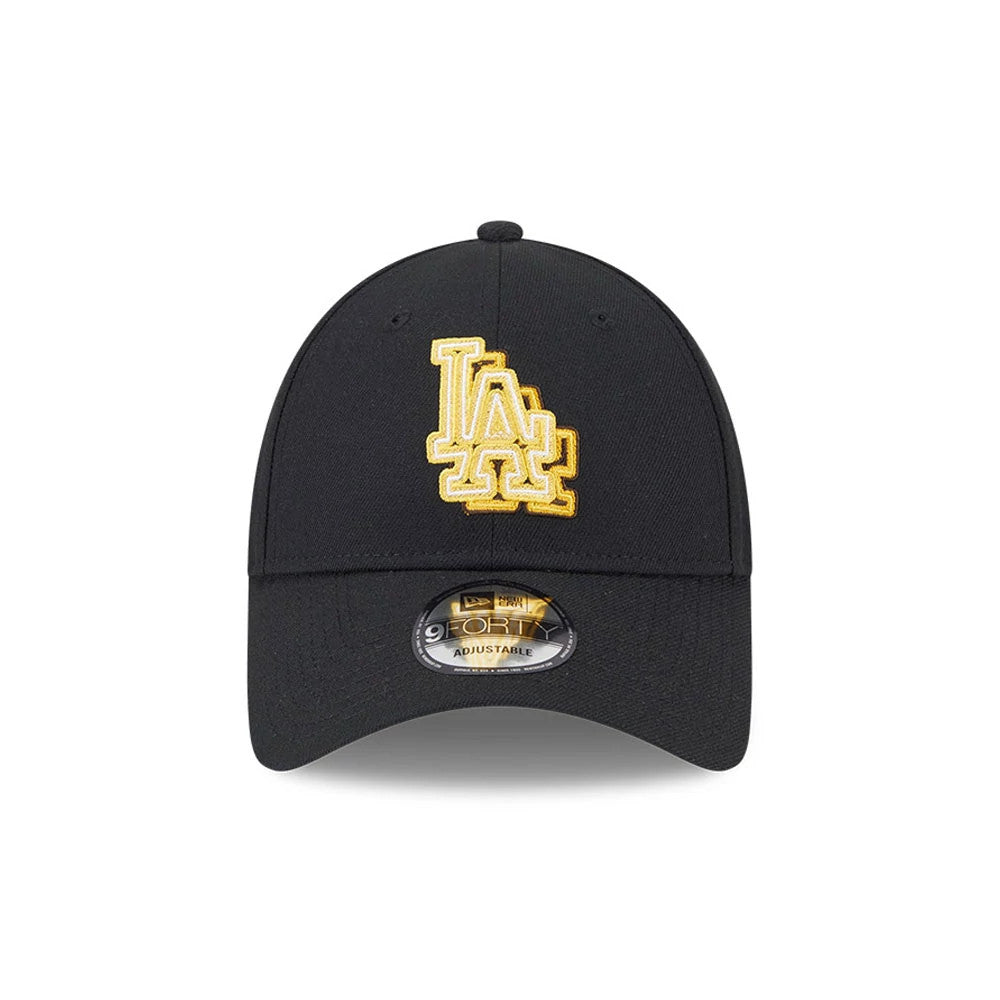 LA Dodgers MLB Neon Black New Era 9FORTY Adjustable Cap, front view showing the raised gold LA logo embroidered on the front panels, black curved visor, and the 9FORTY size sticker on the visor.