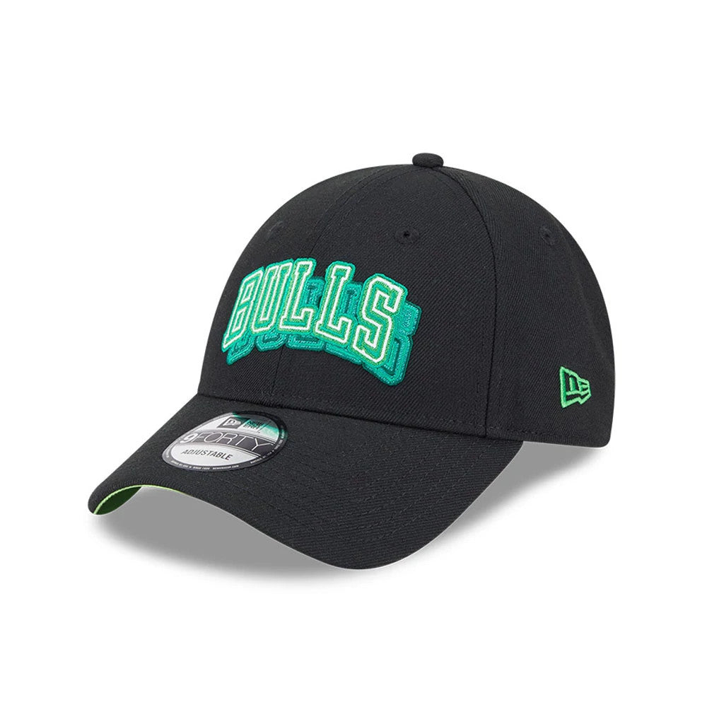 Chicago Bulls NBA Neon Black New Era 9FORTY Adjustable Cap, three-quarter view showing neon green embroidered Bulls lettering on the front, black curved visor with 9FORTY size sticker, and neon green New Era flag logo on the left side.