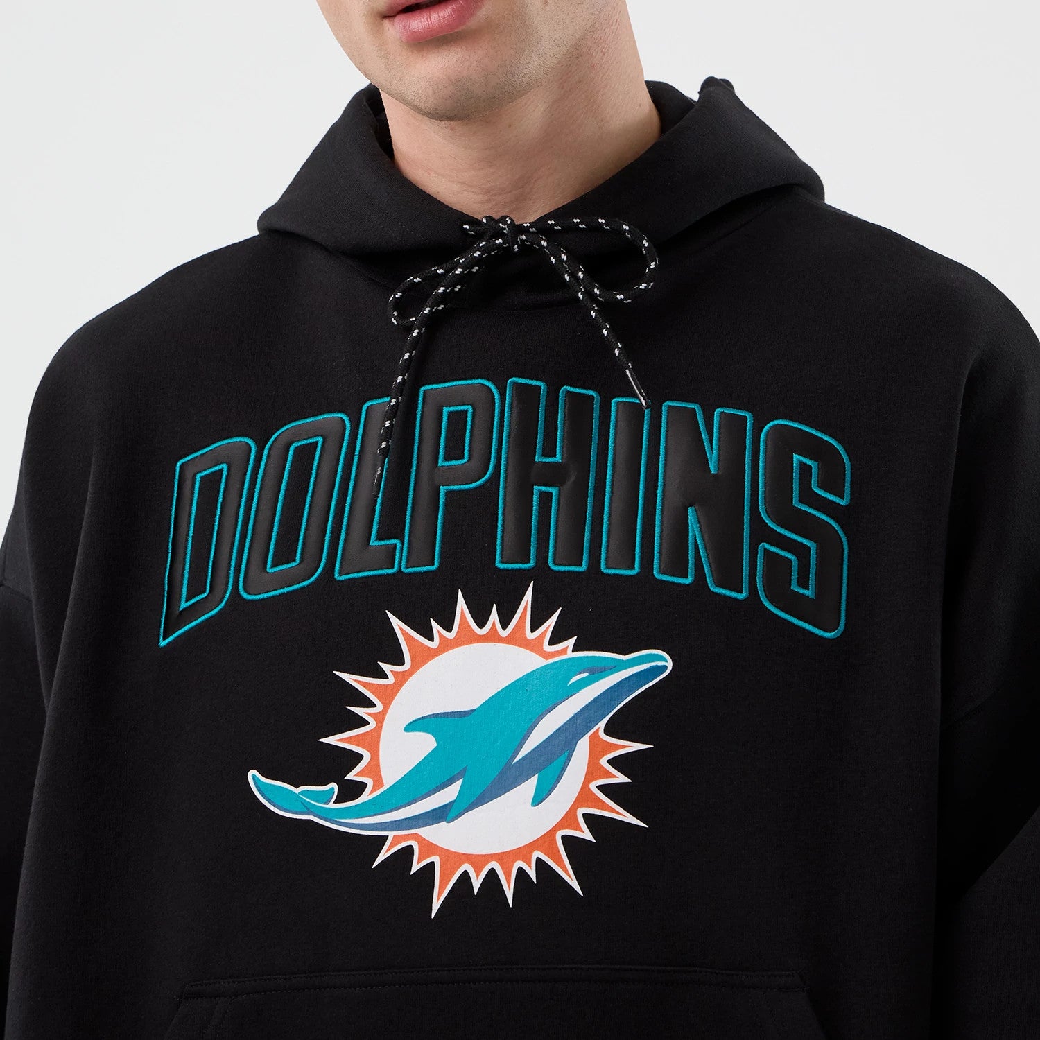 The Male model is wearing Miami Dolphins NFL International Series Games Black Pullover Hoodie 3