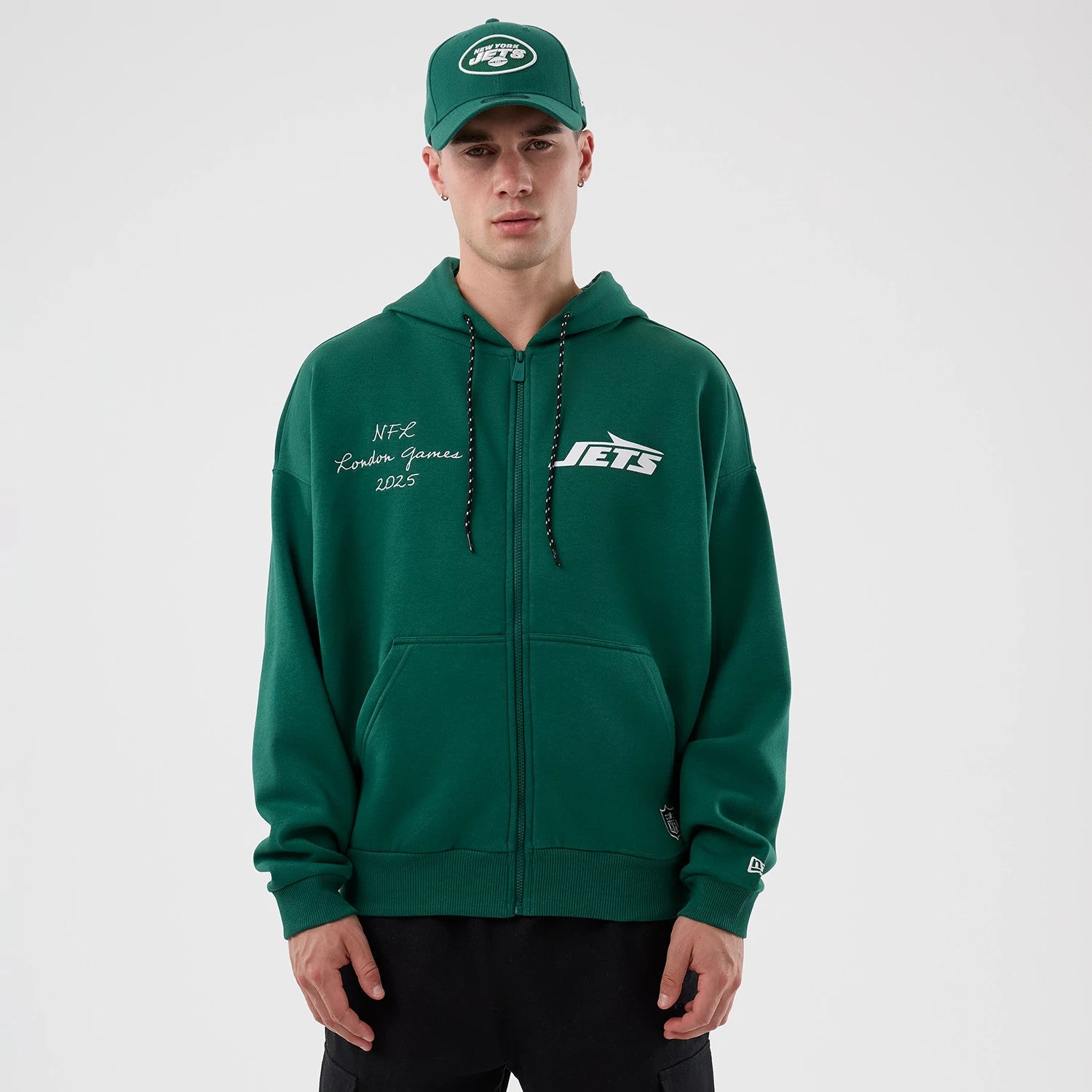 The Male model is wearing New York Jets NFL International Series Games Green Full Zip Hoodie 1