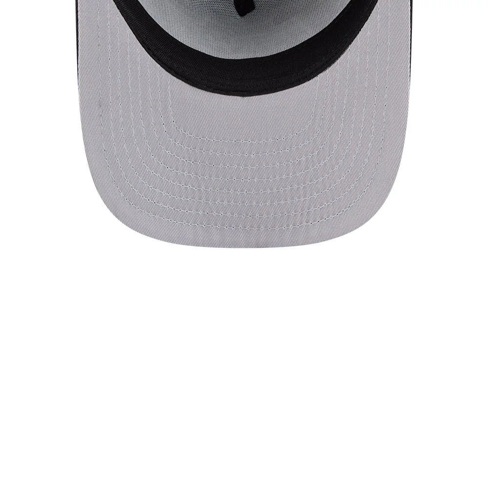 LA Kings NHL Evergreen Black New Era 9FIFTY A-Frame Snapback Adjustable Cap, inside view showing the grey undervisor, black sweatband, and white taping, highlighting the clean stitch lines and structure.