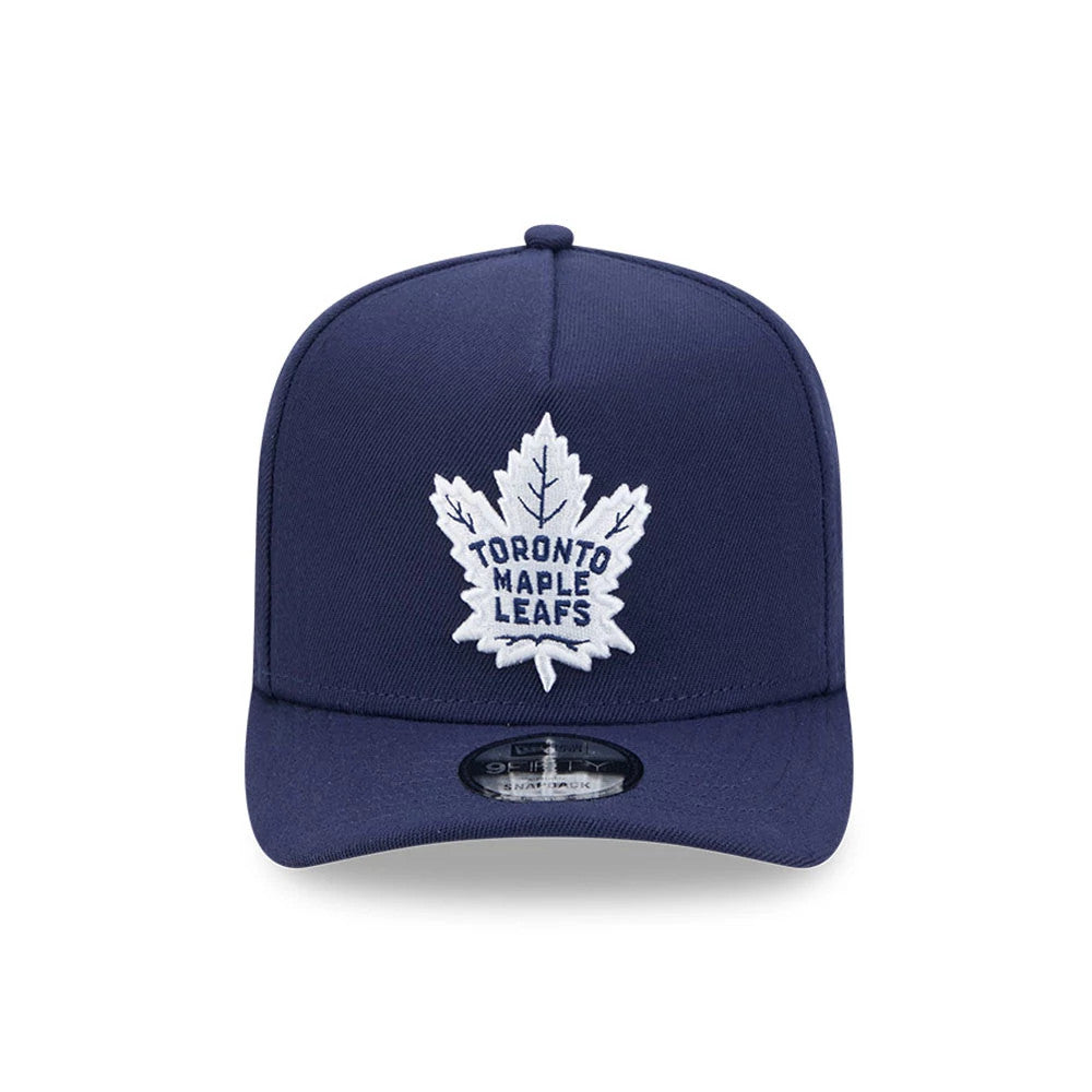 Maple Leafs NHL Evergreen Navy New Era 9FIFTY A-Frame Snapback Adjustable Cap, front view showing a raised white embroidered Toronto Maple Leafs logo on the structured navy crown and a 9FIFTY size sticker on the flat visor.