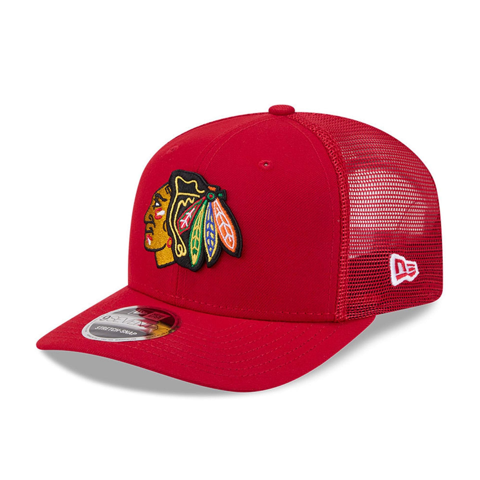 Pictured is this NHL Evergreen Chicago Blackhawks 9SEVENTY Stretch Snap cap in red. 1