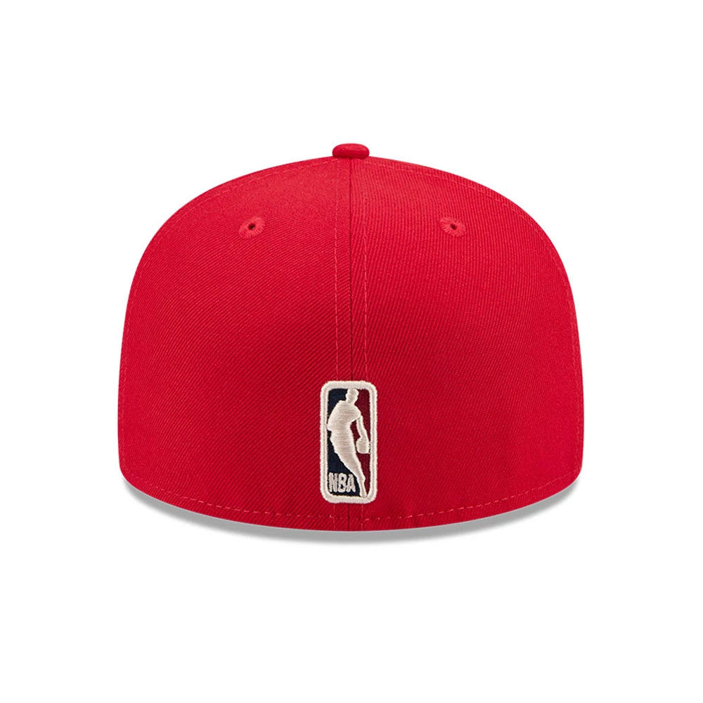 Atlanta Hawks NBA Hardwood Classic Red New Era 59FIFTY Fitted Cap, rear view showing the white embroidered NBA logo at the centre of the back panels, set low on the structured red crown.