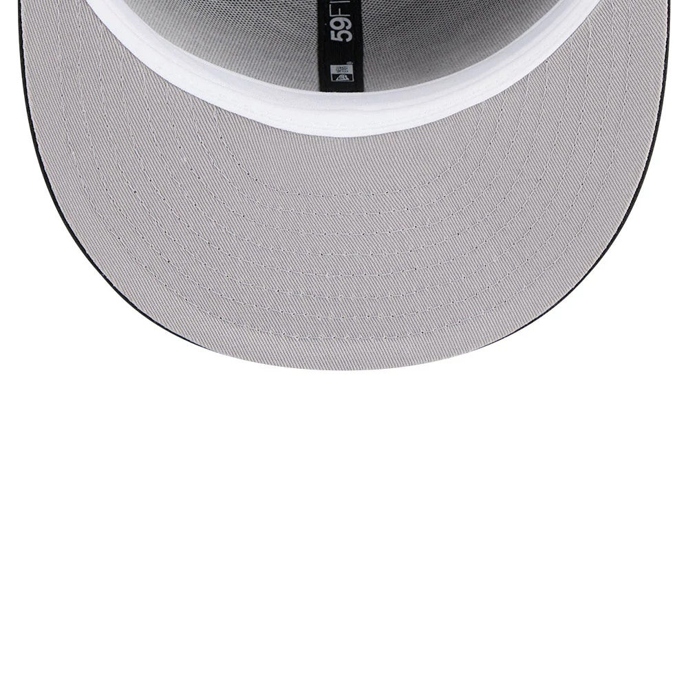 Orlando Magic NBA Hardwood Classic Black New Era 59FIFTY Fitted Cap, inside view showing the grey undervisor, white sweatband, and black branded taping featuring a black 59FIFTY size sticker.