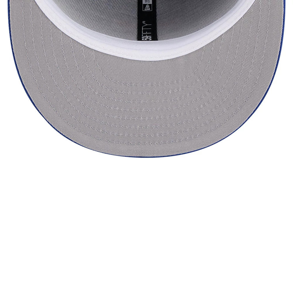 Philadelphia 76ers NBA Hardwood Classic Blue New Era 59FIFTY Fitted Cap, inside view showing the white sweatband, grey undervisor, and black taping with white lettering running through the centre.