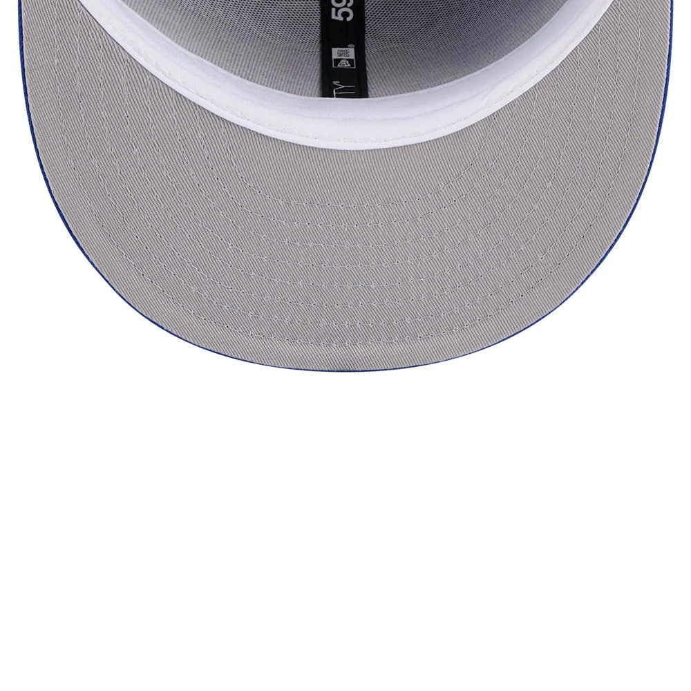 Detroit Pistons NBA Hardwood Classic Blue New Era 59FIFTY Fitted Cap, inside view showing the grey undervisor, black inner taping with white branding, and the white sweatband encircling the interior.