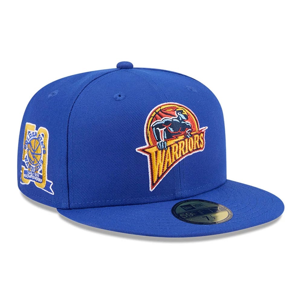 Pictured is this NBA Hardwood Classic Sidepatch Golden State Warriors 59FIFTY Fitted cap in blue. 1