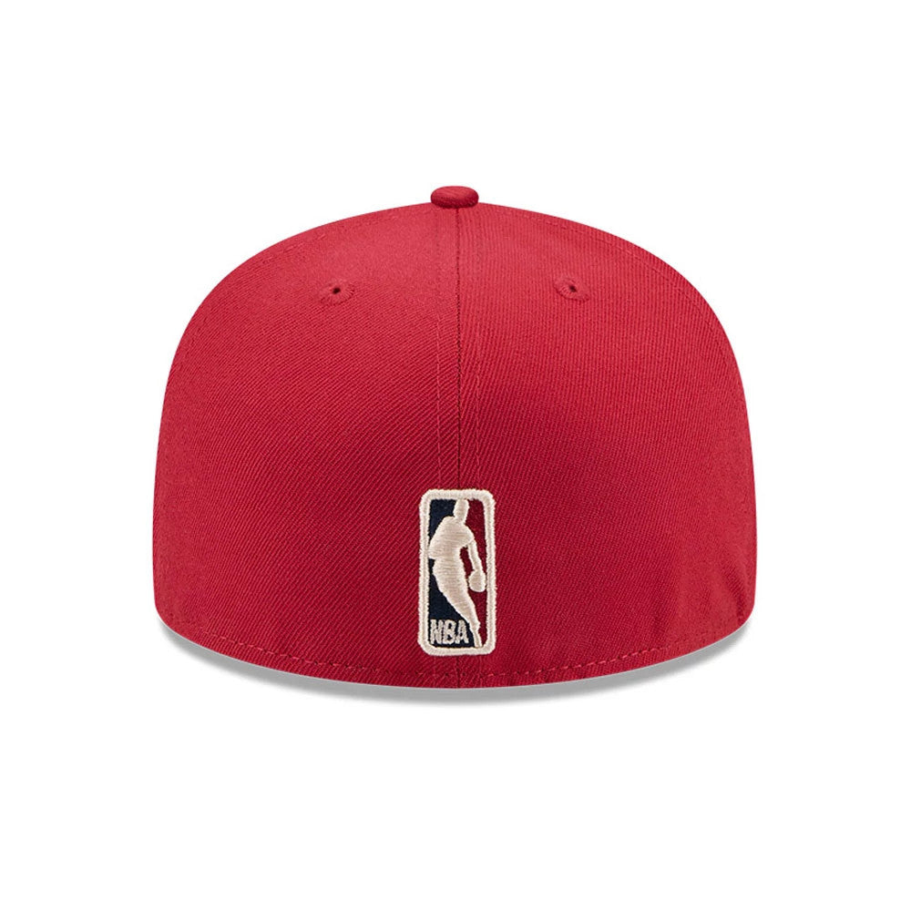 Denver Nuggets NBA Hardwood Classic Dark Red New Era 59FIFTY Fitted Cap, rear view showing the white embroidered NBA logo at the centre of the back panels, set low on the structured dark red crown.
