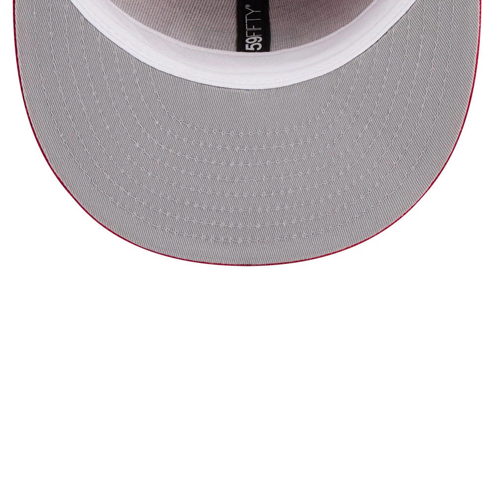 Houston Rockets NBA Hardwood Classic Anniversary Red New Era 59FIFTY Fitted Cap, inside view showing the grey undervisor, white sweatband, and New Era 59FIFTY taping along the interior.