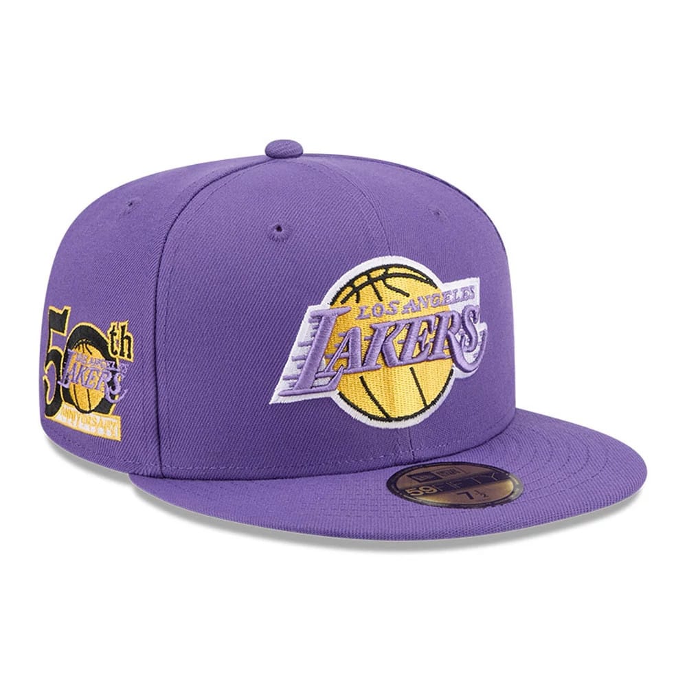 Pictured is this NBA Hardwood Classic 50th Anniversary LA Lakers 59FIFTY Fitted cap in purple. 1