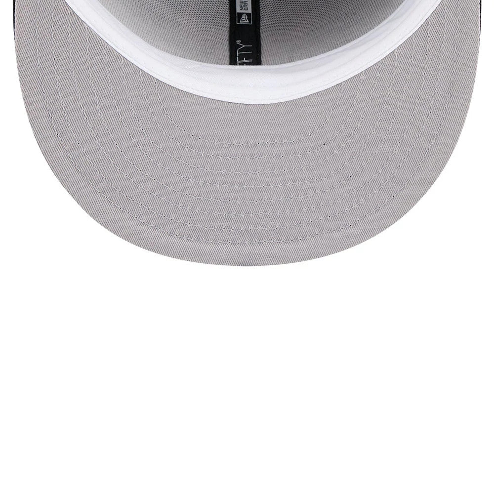 Chicago Bulls NBA Hardwood Classic Black New Era 59FIFTY Fitted Cap, inside view showing the grey undervisor, black internal taping with branded text, and white sweatband lining the base of the structured crown.