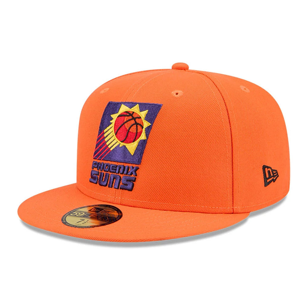 Phoenix Suns NBA Hardwood Classic Orange New Era 59FIFTY Fitted Cap, three-quarter view showing a multicolour embroidered front logo, an orange flat visor with a gold 59FIFTY size sticker, and the black New Era flag logo on the left side.