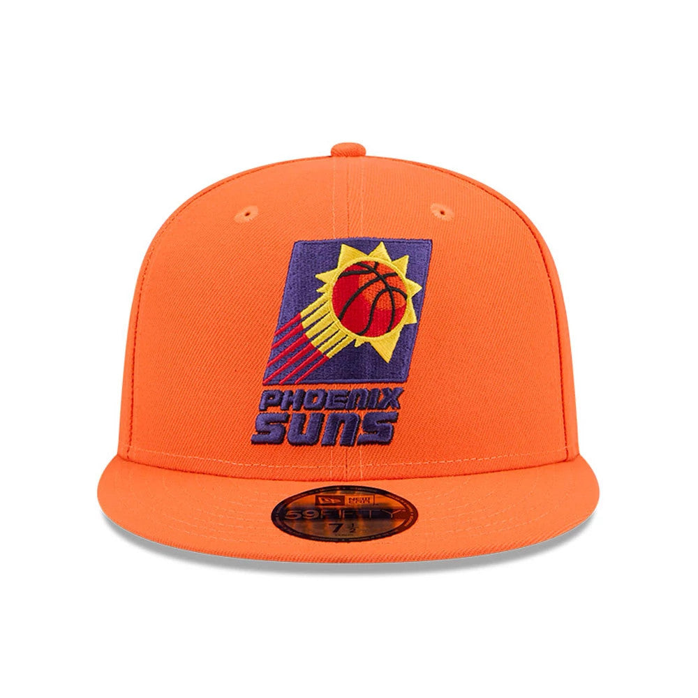 Phoenix Suns NBA Hardwood Classic Orange New Era 59FIFTY Fitted Cap, front view with a raised embroidered Suns logo in purple, yellow, and red on the structured orange crown, and a black 59FIFTY size sticker on the flat orange visor.
