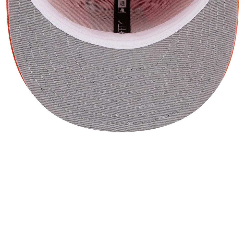 Phoenix Suns NBA Hardwood Classic Orange New Era 59FIFTY Fitted Cap, inside view showing the grey undervisor with detailed stitching, black taping with New Era branding, and the white sweatband lining the structured crown.