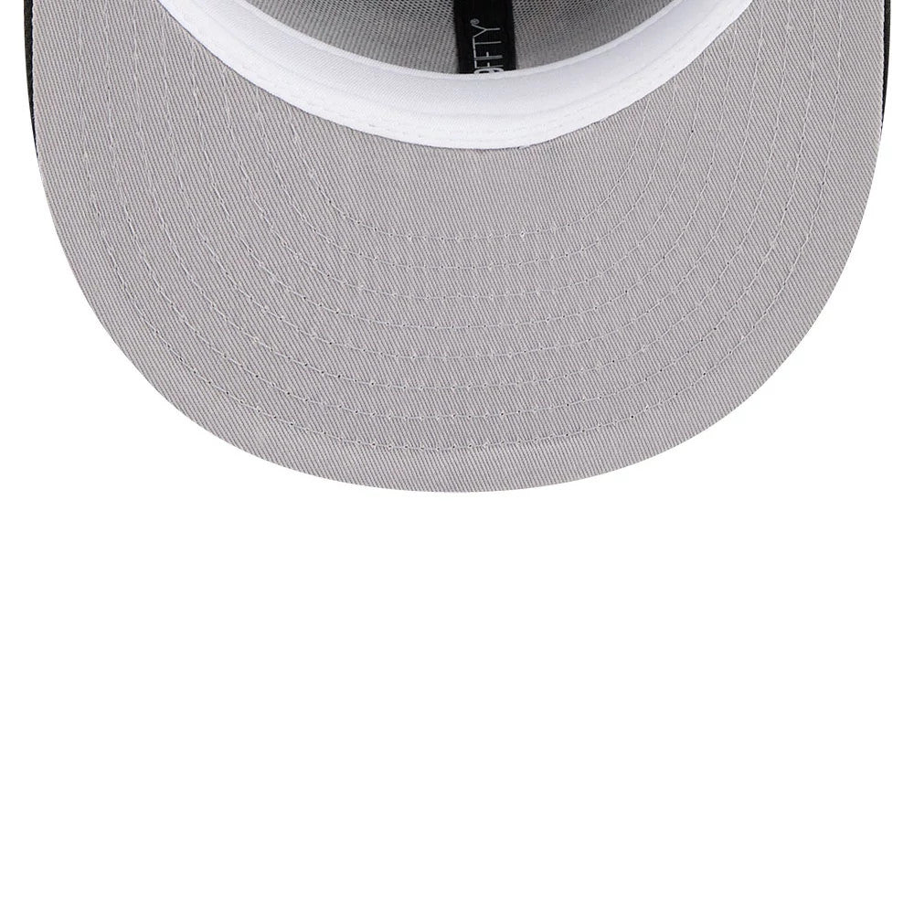 Washington Wizards NBA Hardwood Classic Black New Era 59FIFTY Fitted Cap, inside view showing grey undervisor with white sweatband and black 59FIFTY taping detail running across the inner crown.