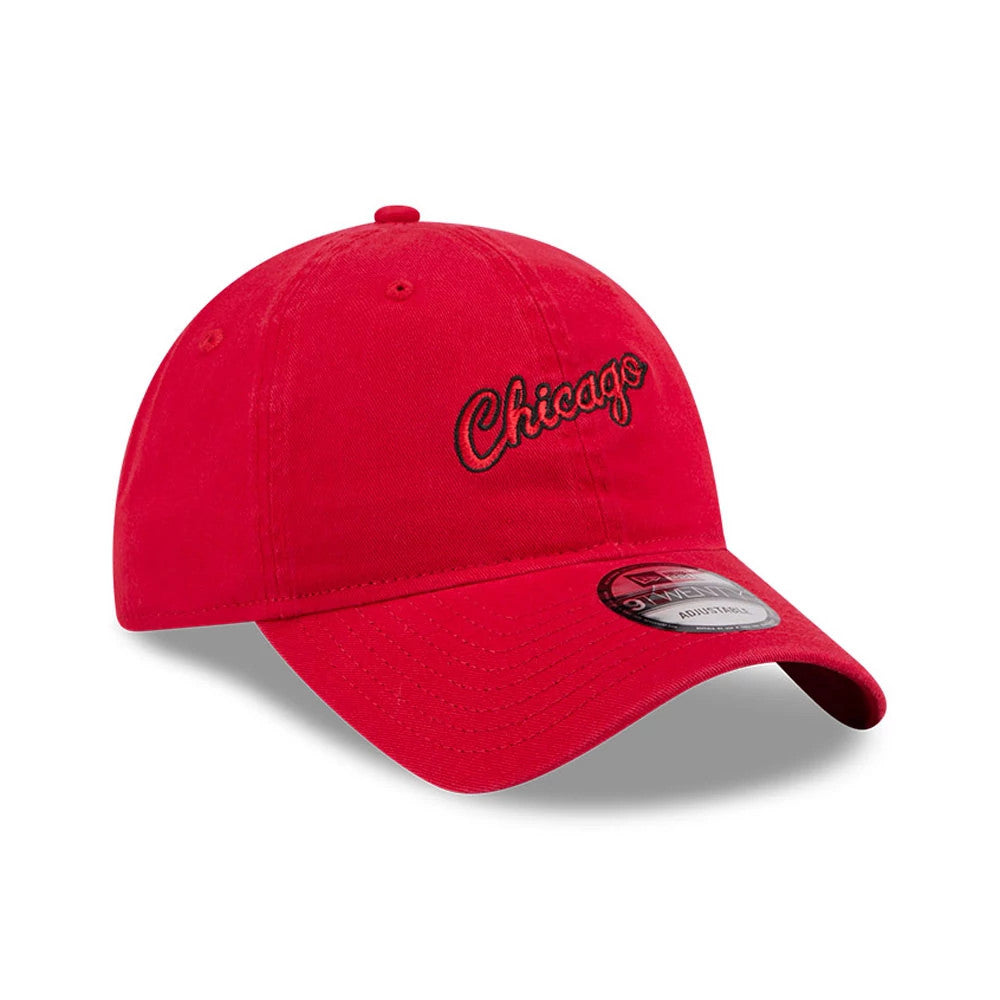 Chicago Bulls NBA Hardwood Classic Red New Era 9TWENTY Adjustable Cap, three-quarter view showing the black embroidered script Chicago logo on the front panel, with a curved red visor and a 9TWENTY size sticker on top.