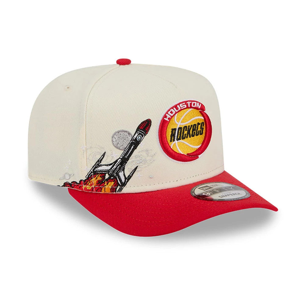 Houston Rockets NBA Red New Era 9FIFTY A-Frame Snapback Adjustable Cap, three-quarter view showing a red team logo on the front panel, rocket graphic to the side, and red visor with a 9FIFTY size sticker.