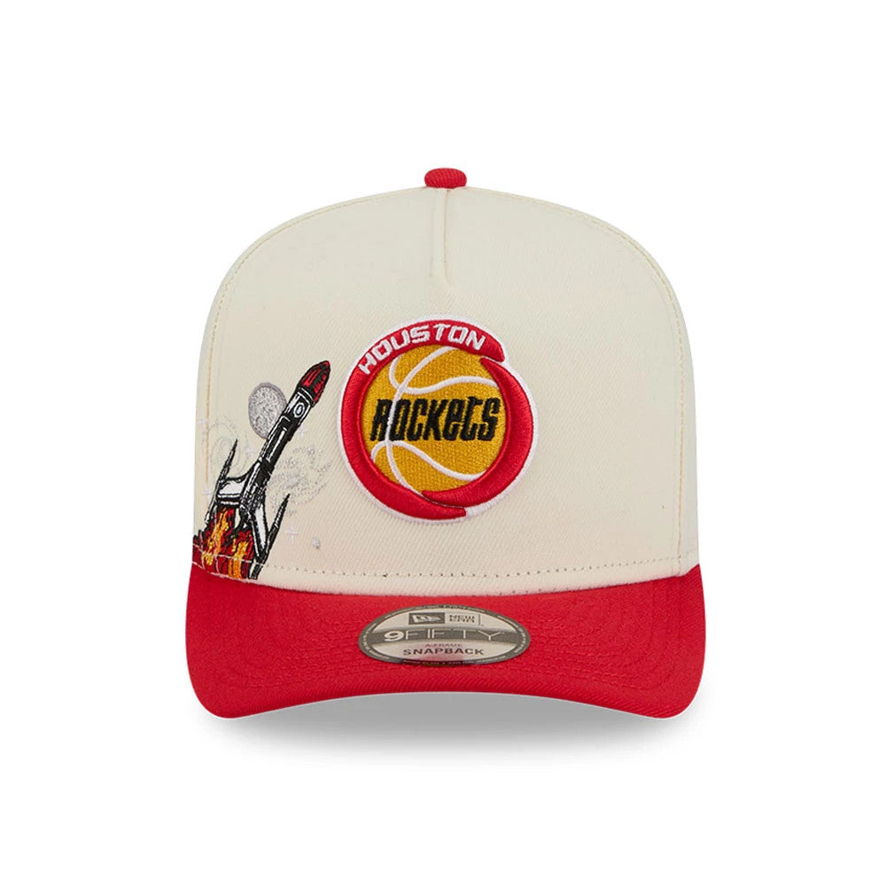 Houston Rockets NBA Red New Era 9FIFTY A-Frame Snapback Adjustable Cap, front view showing raised embroidered red and yellow team logo on cream front panel, illustrated rocket detail to the left, and red visor with 9FIFTY size sticker.