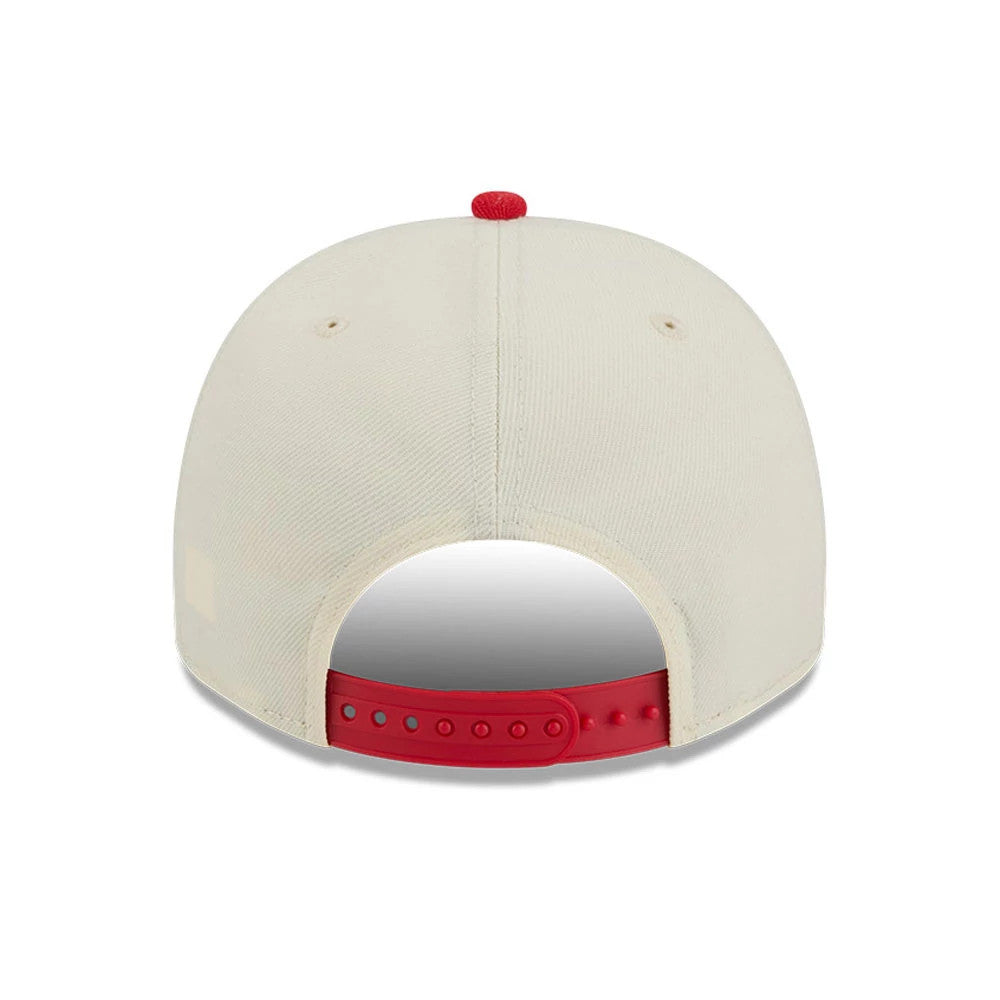 Houston Rockets NBA Red New Era 9FIFTY A-Frame Snapback Adjustable Cap, rear view showing the red plastic snap closure and red top button against the off-white structured back panels.