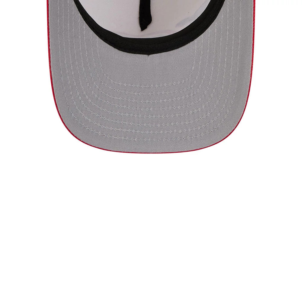 Houston Rockets NBA Red New Era 9FIFTY A-Frame Snapback Adjustable Cap, inside view showing the light grey undervisor, black sweatband, and red stitching on the edge, capturing the craftsmanship and details.