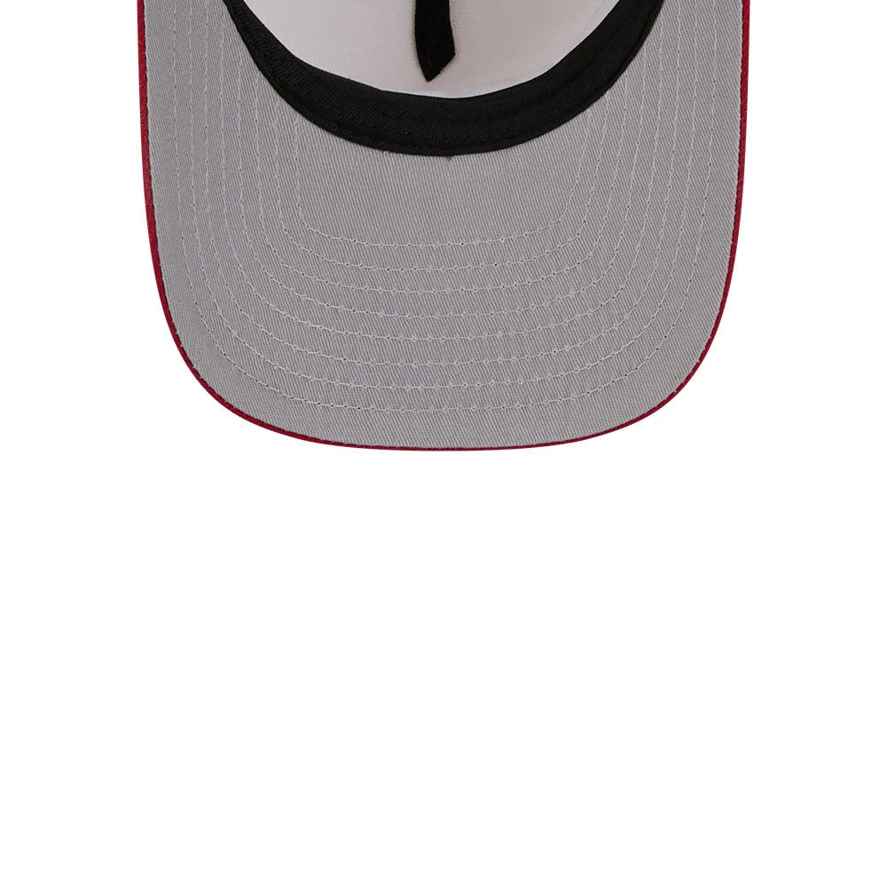 Denver Nuggets NBA Dark Red New Era 9FIFTY A-Frame Snapback Adjustable Cap, inside view showing the grey undervisor with white stitching, black sweatband, and dark red contrasting edge around the visor.
