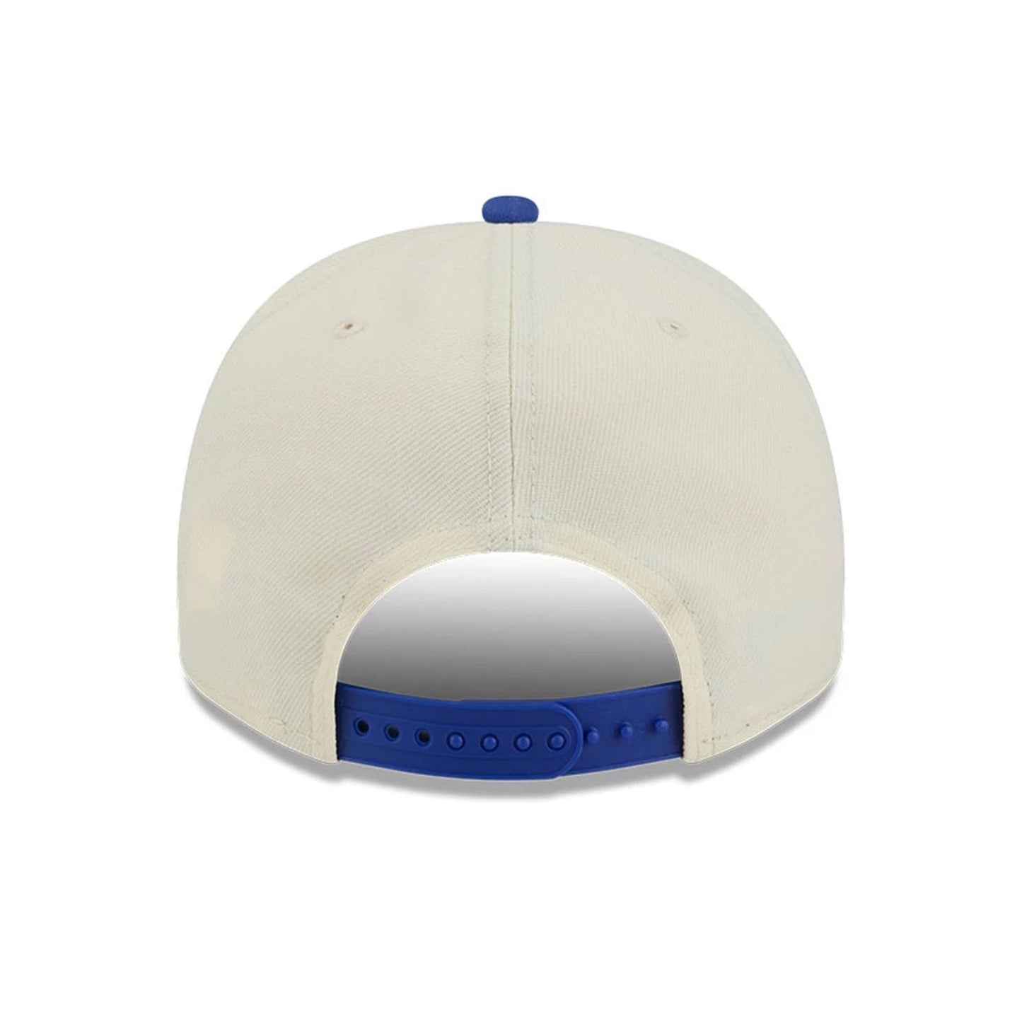 Dallas Mavericks NBA Blue New Era 9FIFTY A-Frame Snapback Adjustable Cap, rear view showing the blue plastic snap closure and matching blue top button on the cream structured crown.