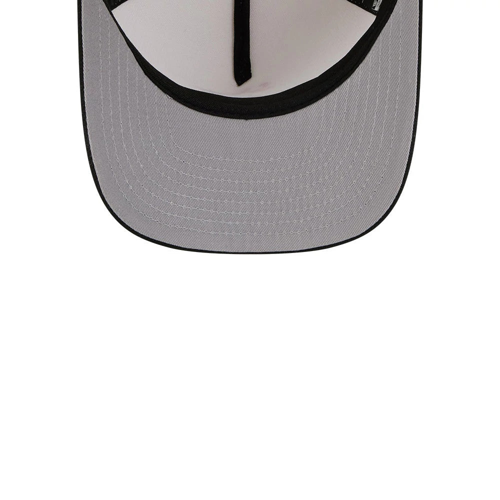 Milwaukee Bucks NBA Black New Era 9FIFTY A-Frame Snapback Adjustable Cap, inside view showing the grey undervisor, black sweatband, and taping, highlighting the interior construction of the cap.