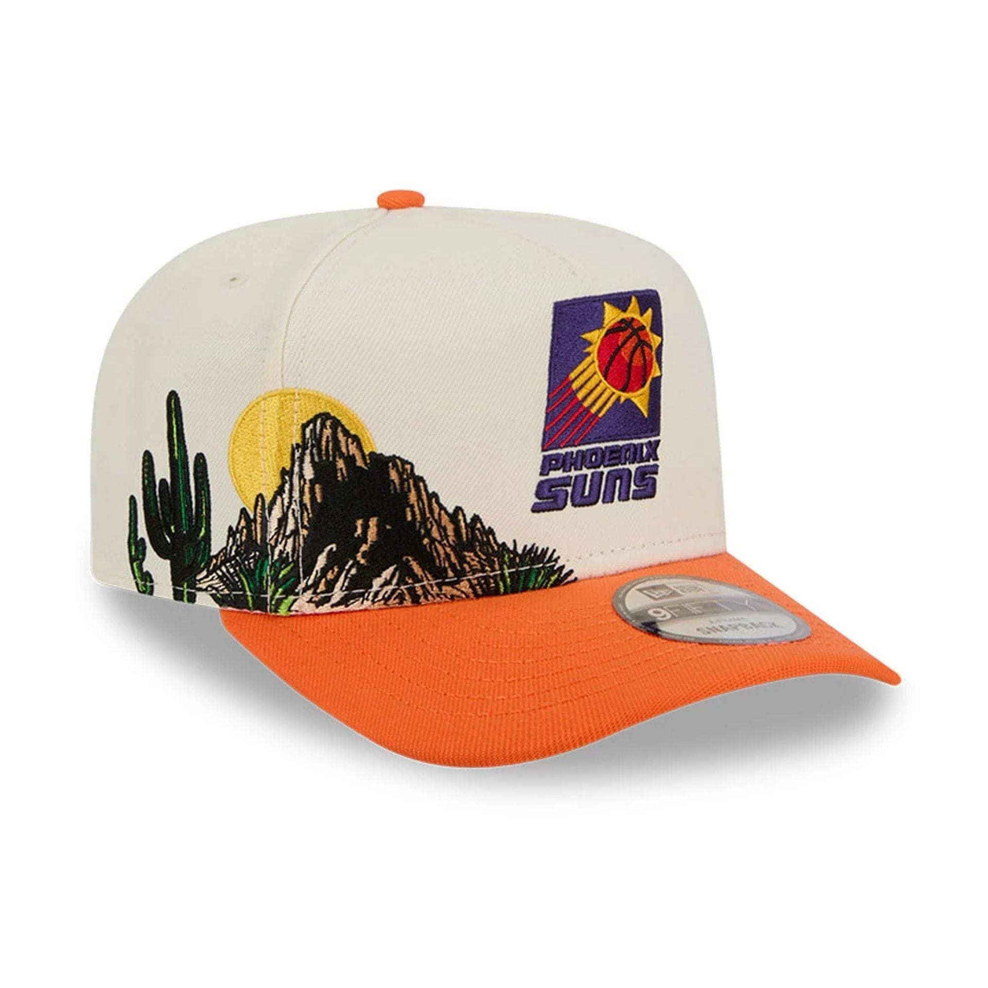 Pictured is this NBA Hardwood Classic Phoenix Suns 9FIFTY A-Frame Snapback cap in orange. 1