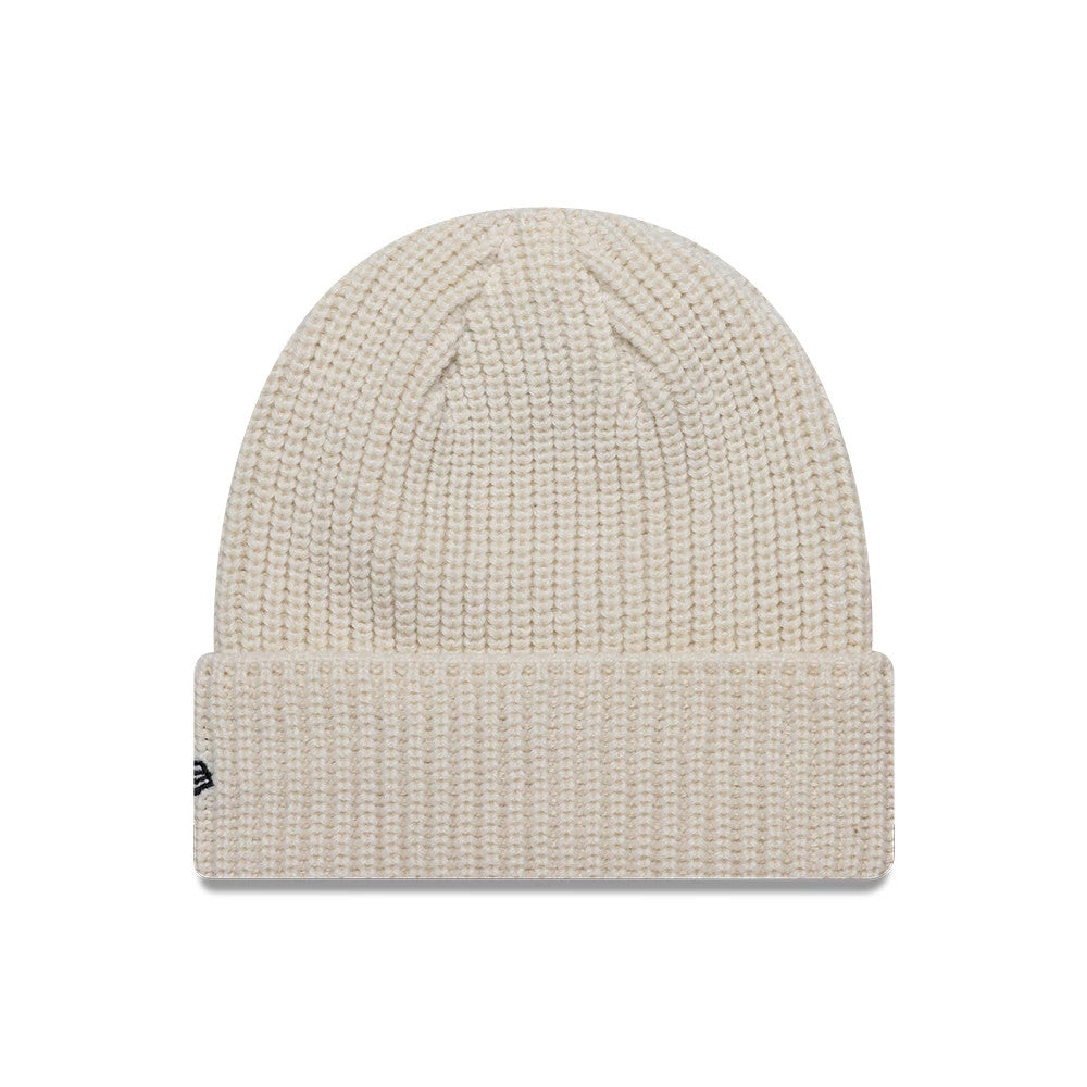 New Era Newcastle United FC Ribbed Light Beige Cuff Knit Beanie Hat, front view showing the ribbed texture on the main body and cuff, with the New Era flag logo embroidered in black on the left side of the cuff.