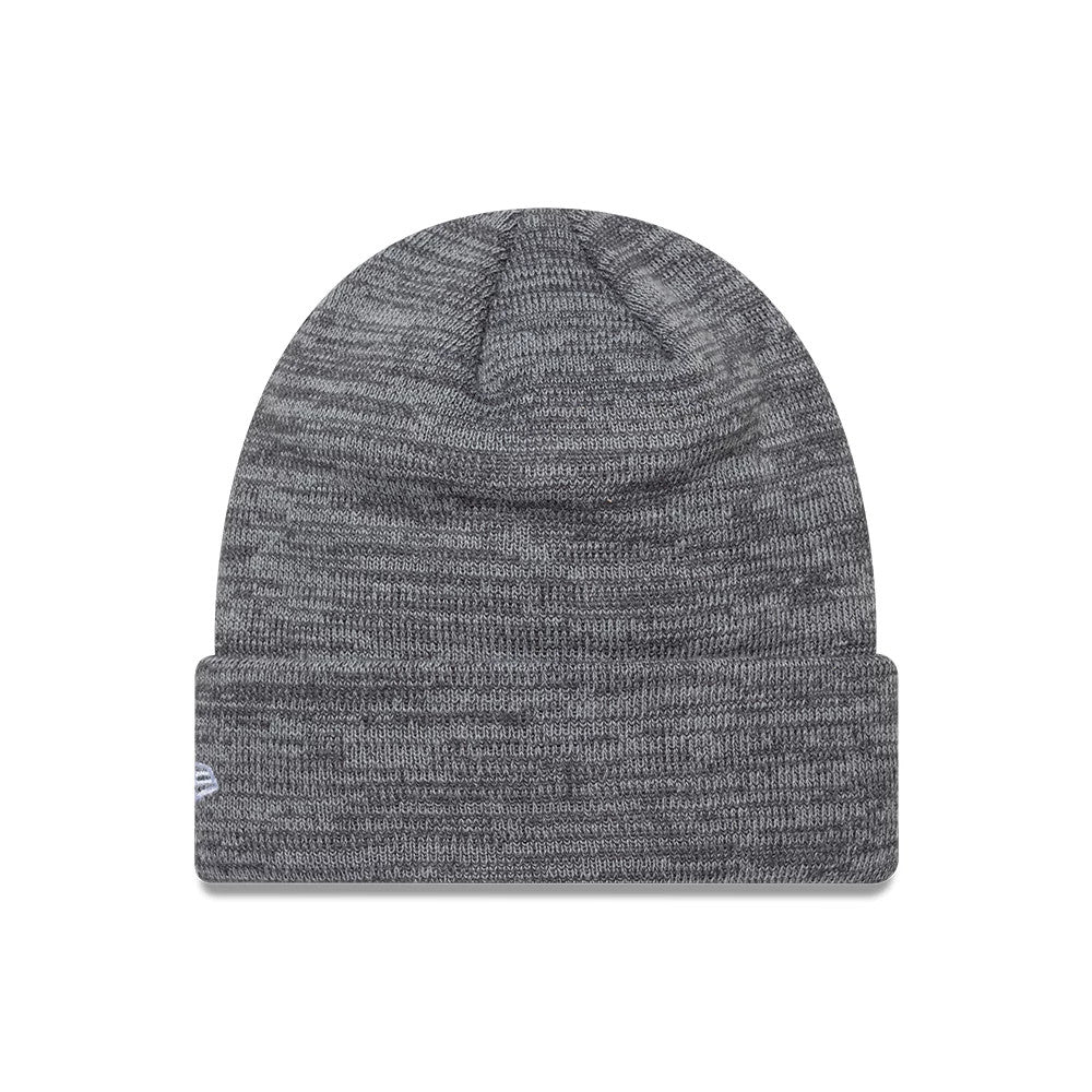 New Era Newcastle United FC Retro Grey Cuff knit Beanie Hat, front view showing a marled grey knit pattern with a soft, rounded crown and a turned-up cuff featuring the embroidered New Era flag logo on the left side.