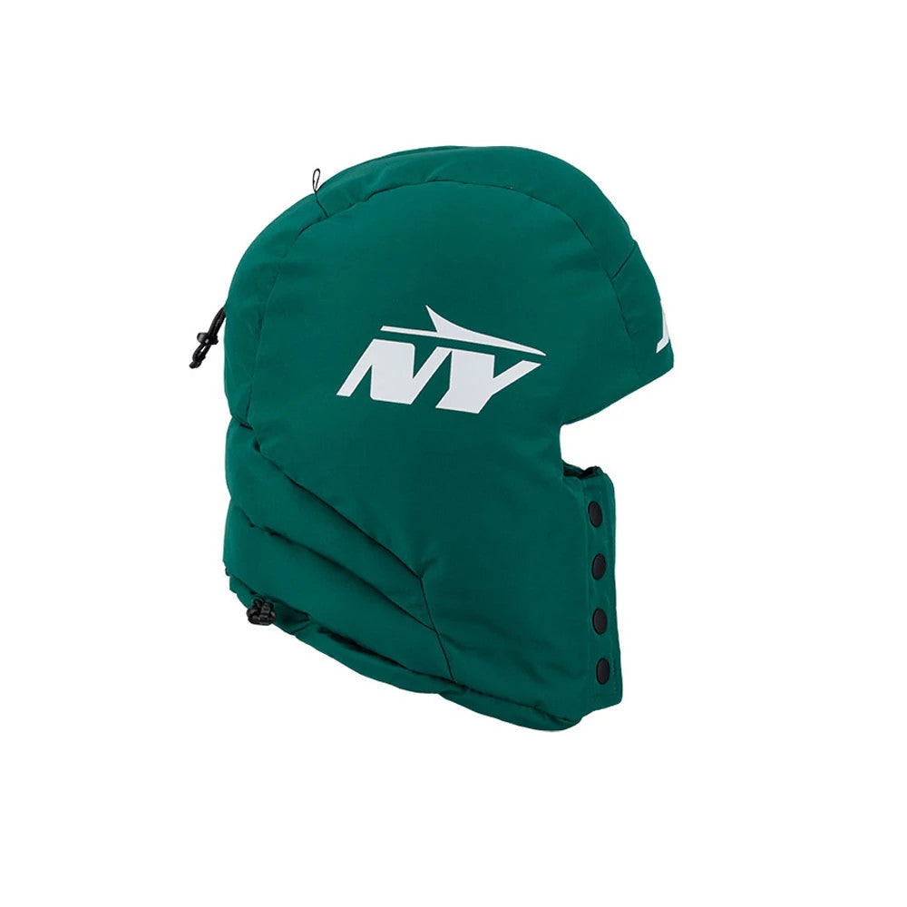 New Era New York Jets NFL Puffer Helmet Green Trapper Hat, side view showing the white NY logo on a padded green exterior with black button accents and adjustable chin strap detail.