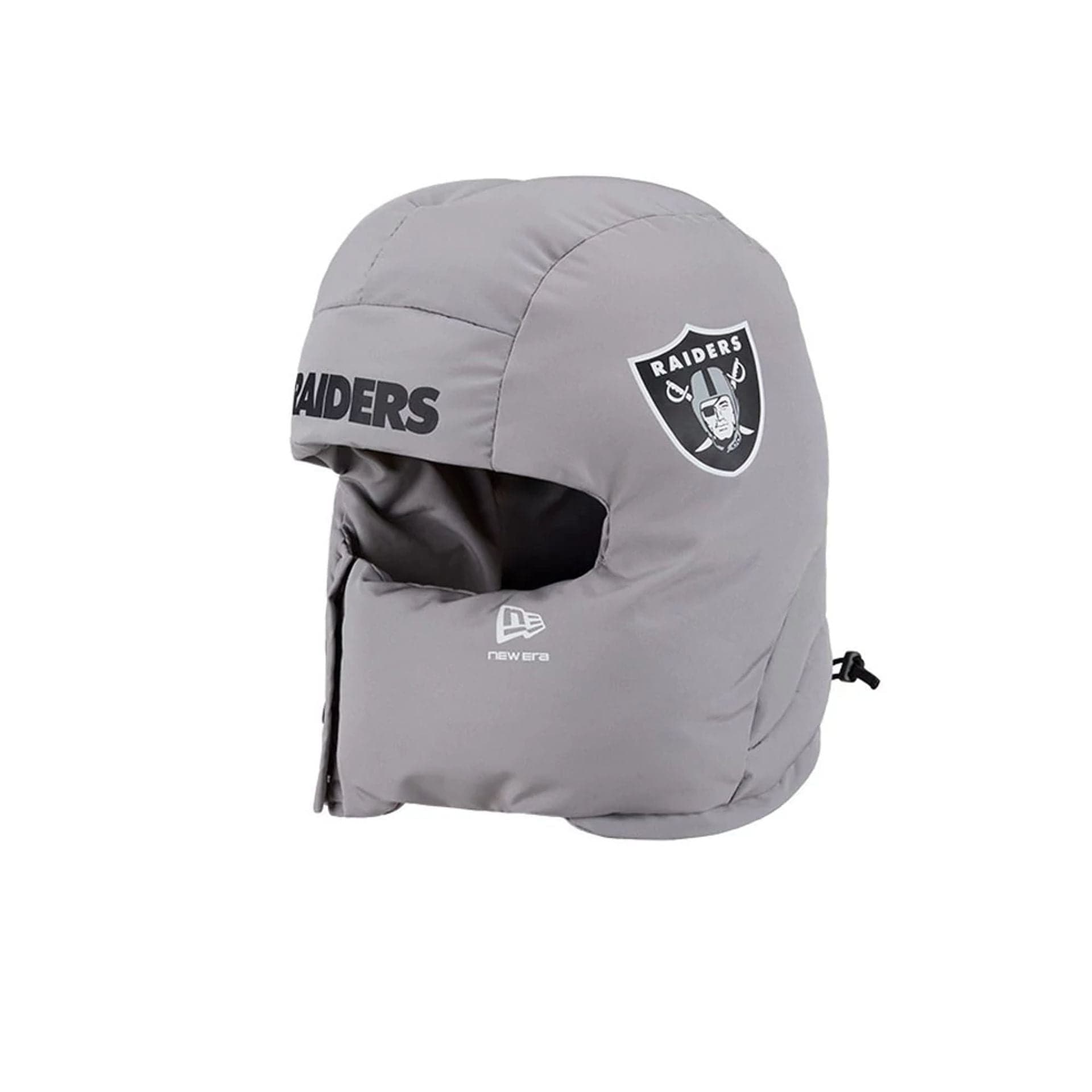 Pictured is this NFL Puffer Helmet Las Vegas Raiders Trapper hat in Grey. 1