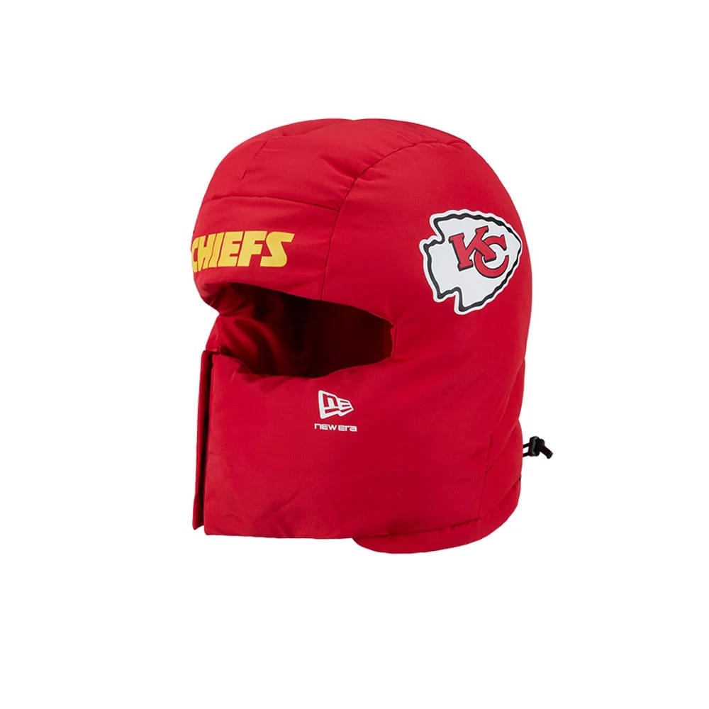 Pictured is this NFL Puffer Helmet Kansas City Chiefs Trapper hat in red. 1