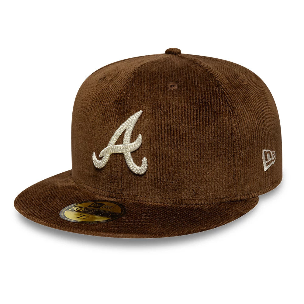 Atlanta Braves MLB Cord Dark Brown New Era 59FIFTY Fitted Cap, three-quarter view showing an embroidered white A logo on the front panel, eyelets and top button, with a flat visor displaying a gold 59FIFTY size sticker.